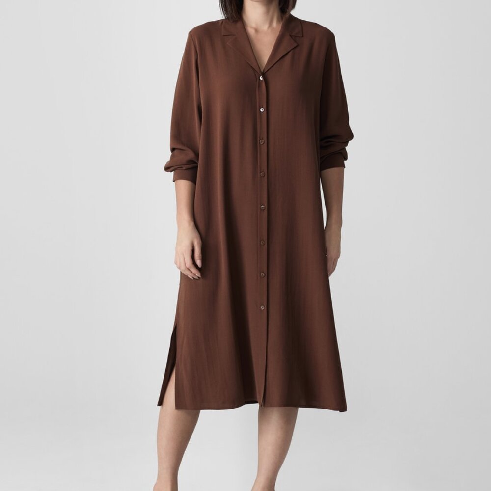 Eileen Fisher Silk Georgette Crepe Notch Collar Shirtdress Clove Color Size XXS